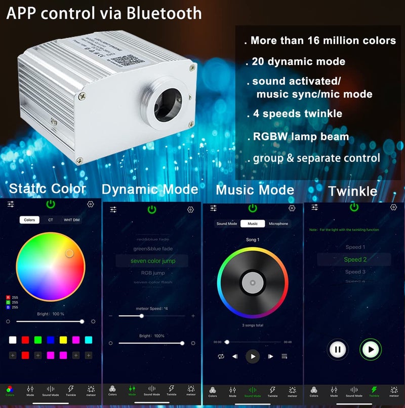 AZIMOM Bluetooth Control 10W Twinkle Fiber Optic Star Lights Ceiling Light Kits with 450pcs*0.03in*9.8ft Strands Sound Activated RGBW APP/ Remote Light Engine for Indoor Car Home Interior Decoration - Image 2